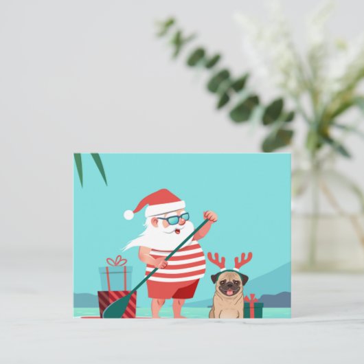 Santa Claus und His Pug Wir haben Surfboard Postkarte (Stehend Vorderseite)