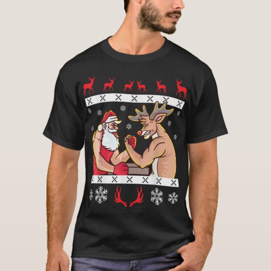 Santa Claus und Rentier Arm Wrestling Ugly Christ T-Shirt (Vorderseite)