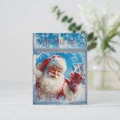 Santa Claus waving cheerfully from a snowy window Postkarte (Stehend Vorderseite)