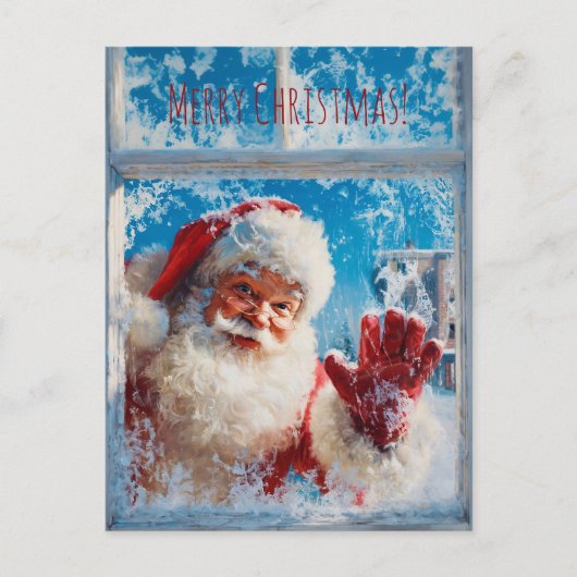 Santa Claus waving cheerfully from a snowy window Postkarte (Vorderseite)