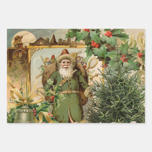 Santa Claus Weihnachten Antike Schöne Kunst Geschenkpapier Set (Vorderseite)