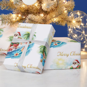 Santa Claus Weihnachten im Juli am Strand Surfer Geschenkpapier