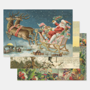 Santa Claus Weihnachts Antique Sleigh Rentier Geschenkpapier Set