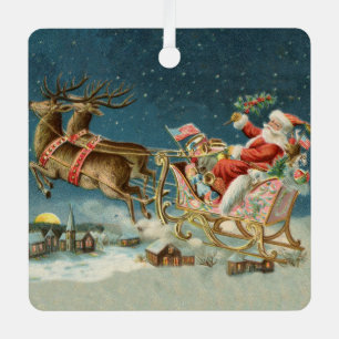 Santa Claus Weihnachts Antique Sleigh Rentier Ornament Aus Metall