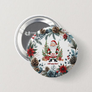 Santa Claus Winter Wreath Happy Holidays Button