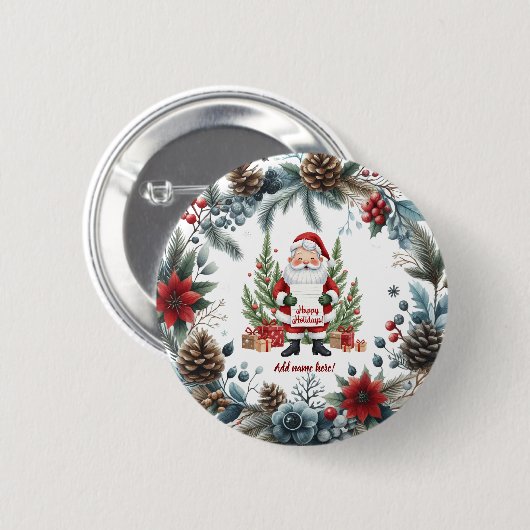 Santa Claus Winter Wreath Happy Holidays Button (Vorne & Hinten)