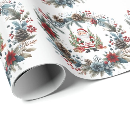 Santa Claus Winter Wreath Happy Holidays Geschenkpapier (Rolleneckpunkt)