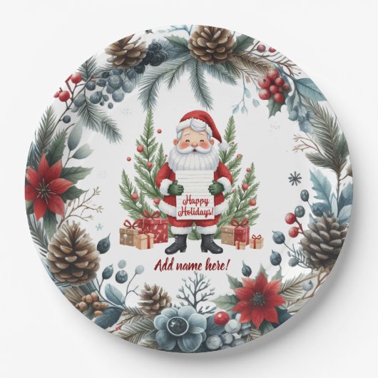 Santa Claus Winter Wreath Happy Holidays Pappteller (Vorderseite)