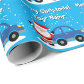 Santa Claus with blue car cartoon kid's Christmas Geschenkpapier (Rolleneckpunkt)