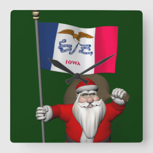Santa Claus With Ensign Of Iowa Quadratische Wanduhr