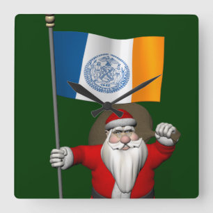 Santa Claus With Ensign Of New York City Quadratische Wanduhr
