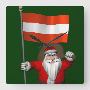 Santa Claus With Ensign Of Österreich Quadratische Wanduhr