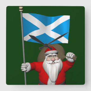 Santa Claus With Ensign Of Scotland Quadratische Wanduhr
