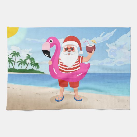 Santa Claus with flamingo Geschirrtuch (Horizontal)