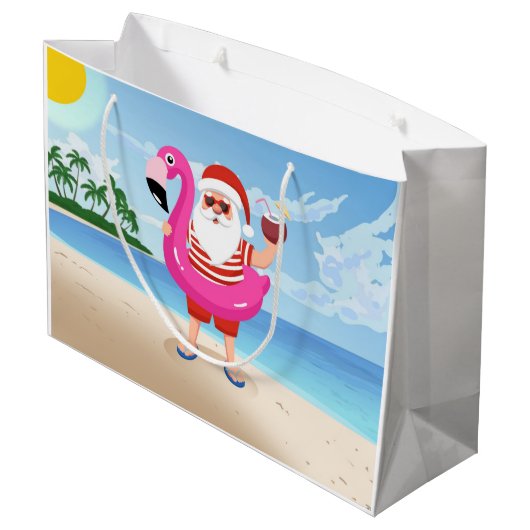 Santa Claus with flamingo Große Geschenktüte (Rückseite Schrägansicht)