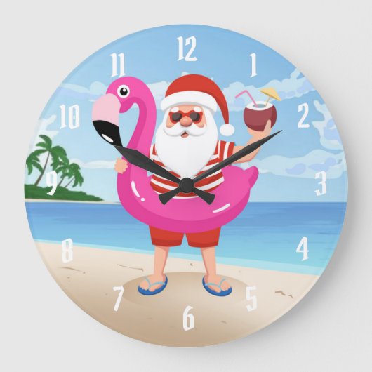 Santa Claus with flamingo Große Wanduhr (Vorderseite)