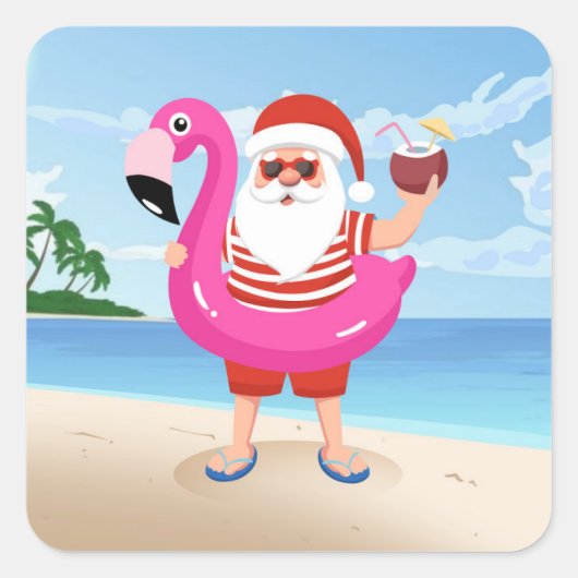 Santa Claus with flamingo Quadratischer Aufkleber (Vorderseite)