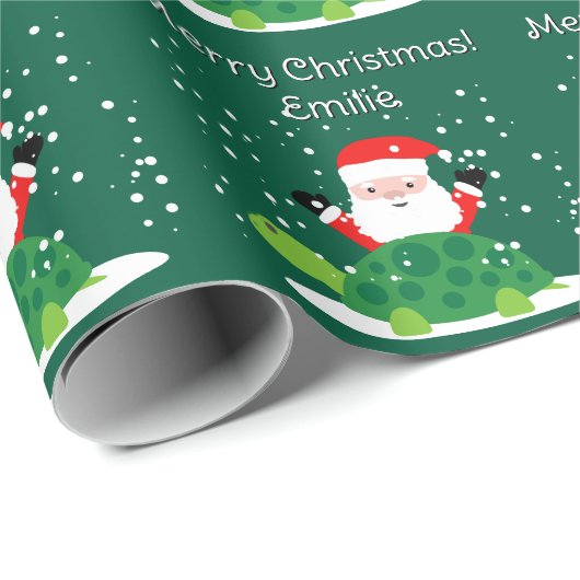 Santa Claus with green turtle cartoon Christmas Geschenkpapier (Rolleneckpunkt)