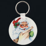 Santa Claus with his Christmas list scroll Schlüsselanhänger<br><div class="desc">Weihnachtsliste, Weihnachtsgeschenke, Weihnachtskrippen niedlich , Spaß Männer lustige Mann , Senioren lächelnd wünschen fröhlich, Nachricht Vintager Fröhliche Zeitung , dieser Brief glücklicher Vater , rote Geschenkidee Cartoon Illustration, Winterurlaub Weihnachten Weihnachtsclaus Liste, </div>