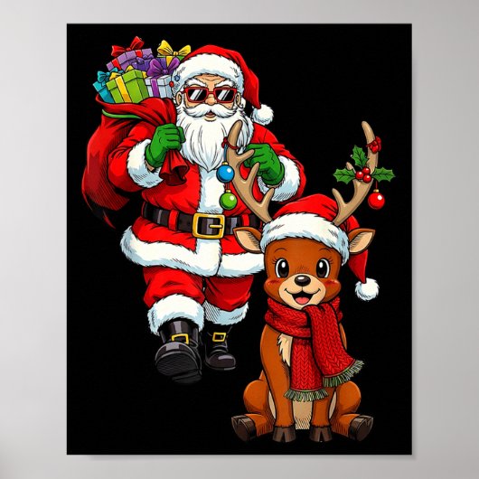 Santa Claus With Reindeer And Cool Christmas Poster (Vorne)