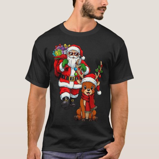 Santa Claus With Reindeer And Cool Christmas T-Shirt (Vorderseite)
