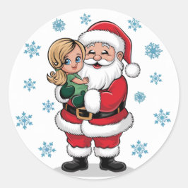 Santa Clause, die ein Mädchen mit Schneeflocken um Runder Aufkleber