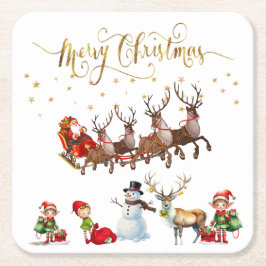 Santa Clause mit Rentieren, die seinen Schlitten z Rechteckiger Pappuntersetzer