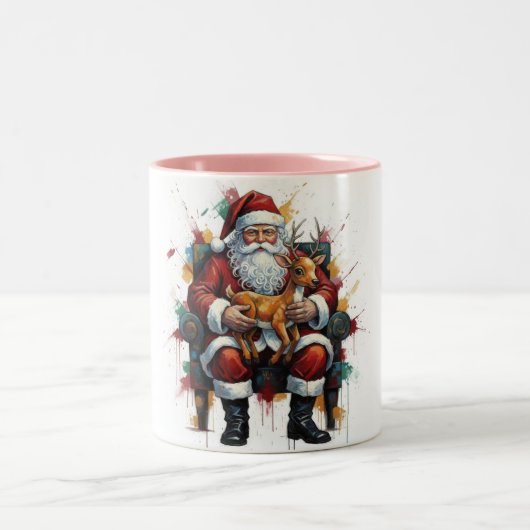 Santa Clause & Reindeer , Christmas Mug Zweifarbige Tasse (Mittel)