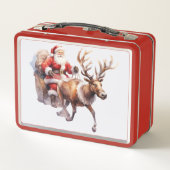 Santa Clause with a reindeer pulling his sleigh Metall Brotdose (Rückseite)