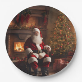 Santa Clause with Christmas Tree & Fireplace Pappteller