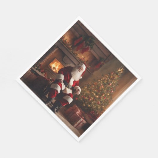 Santa Clause with Christmas Tree & Fireplace Serviette (Ecke)