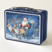 Santa Clause with reindeer sleigh snowy landscape Metall Brotdose (Rückseite)
