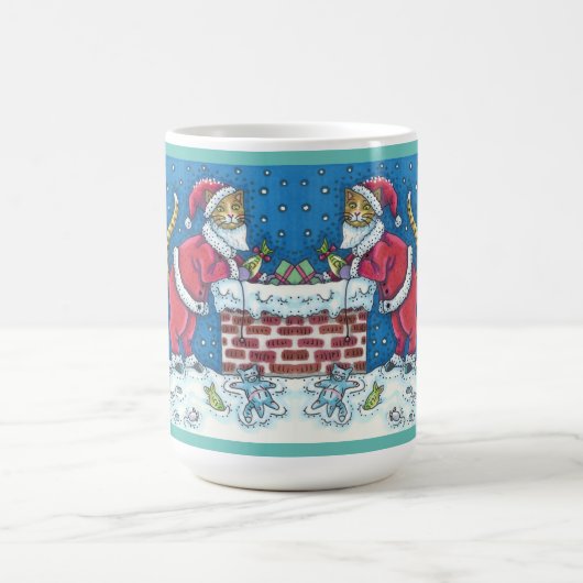 SANTA CLAWS CAT AUF ROOFTOP BRINGT GIFTS, FUNNY KAFFEETASSE (Mittel)