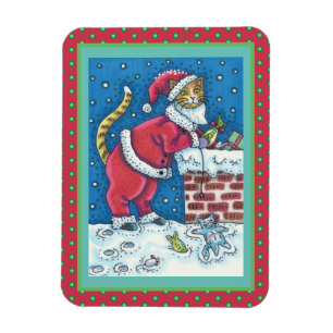 SANTA CLAWS CAT AUF ROOFTOP BRINGT GIFTS, FUNNY MAGNET