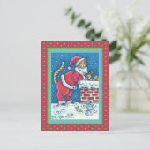 SANTA CLAWS CAT AUF ROOFTOP BRINGT GIFTS, FUNNY POSTKARTE (Stehend Vorderseite)