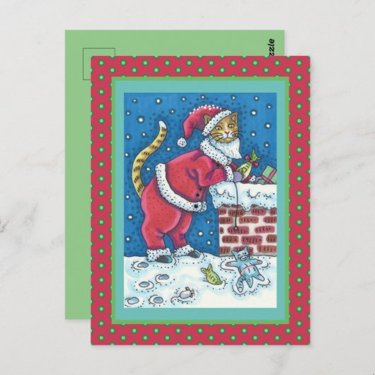 SANTA CLAWS CAT AUF ROOFTOP BRINGT GIFTS, FUNNY POSTKARTE (Vorne/Hinten)