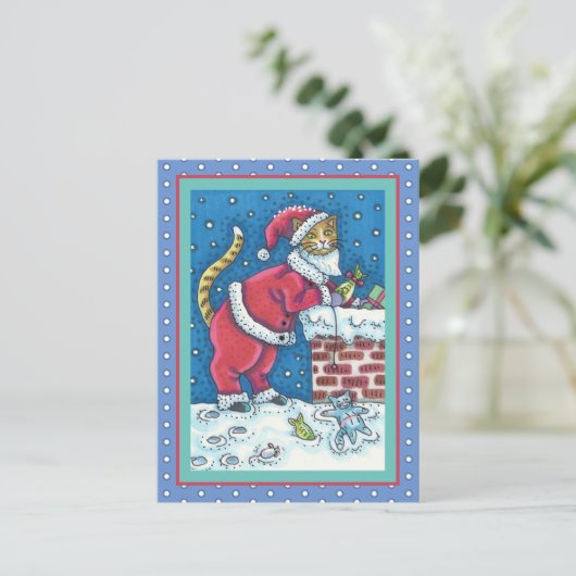SANTA CLAWS CAT AUF ROOFTOP BRINGT GIFTS, FUNNY POSTKARTE (Stehend Vorderseite)
