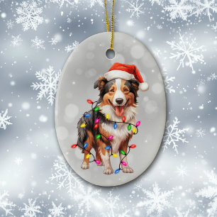 Santa Collie Dog wrackte in Weihnachtslicht Keramik Ornament