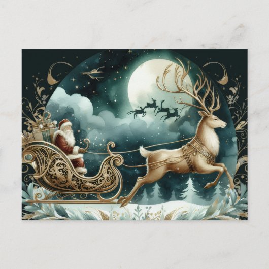 Santa coming on a deer sleight Golden Postkarte (Vorderseite)