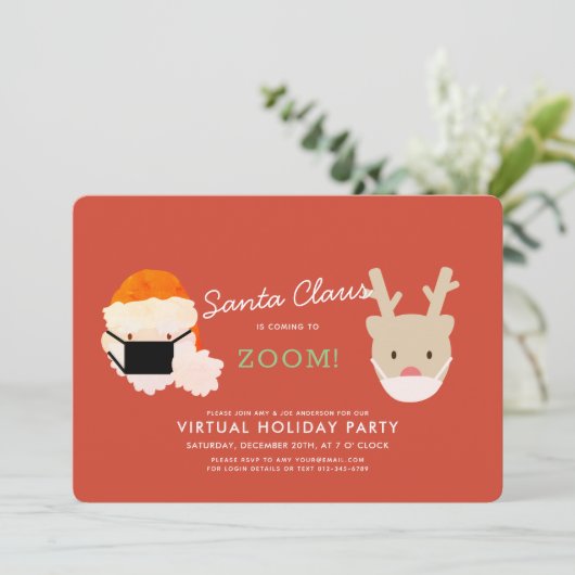 Santa Coming to Zoom Red Virtual Holiday Party I Einladung (Stehend Vorderseite)