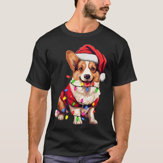 Santa Corgi Dog Christmas Lights Xmas Pajama Dog L T-Shirt (Vorderseite)