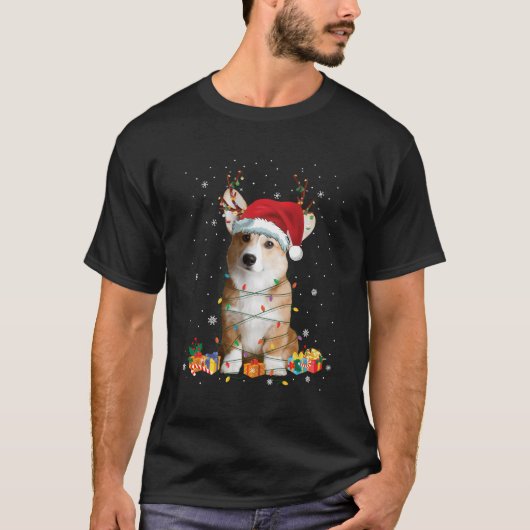 Santa Corgi Reindeer Light Weihnachtsgeschenk Funn T-Shirt (Vorderseite)