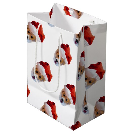 Santa Corgi Weihnachtsmitteltasche Mittlere Geschenktüte (Vorderseite Schrägansicht)