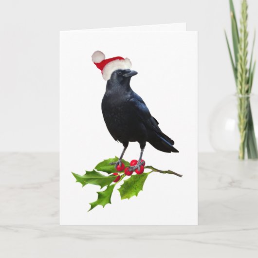 Santa Crow Holly Weihnachtskarte Karte (Vorderseite)