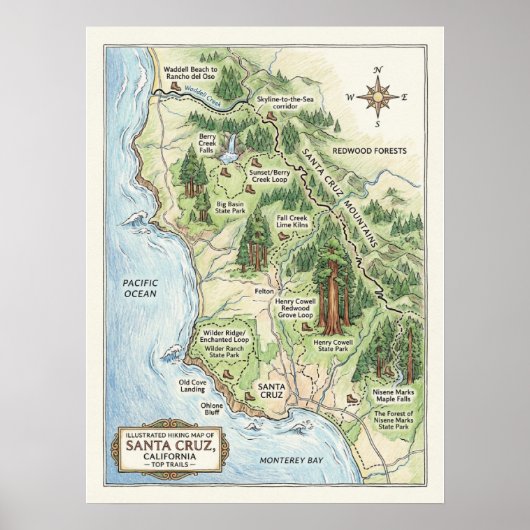 Santa Cruz California Hiking Map Big Basin Poster (Vorne)