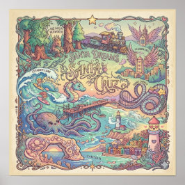 Santa Cruz California Illustrated Map Dreamscape  Poster