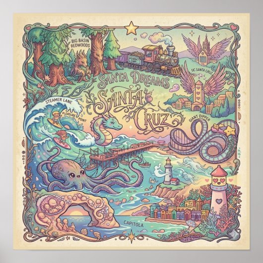 Santa Cruz California Illustrated Map Dreamscape  Poster (Vorne)