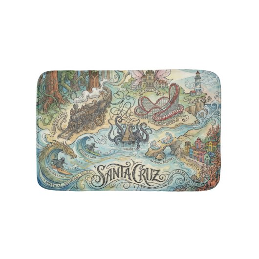 Santa Cruz California Illustrated Map Mythical Badematte (Vorderseite)