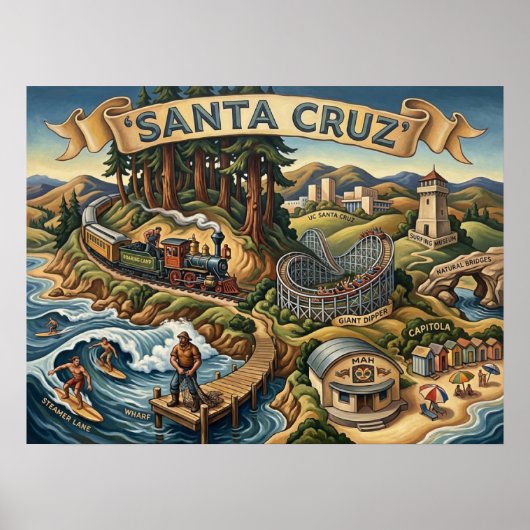 Santa Cruz California Illustrated Map UCSC Wharf Poster (Vorne)