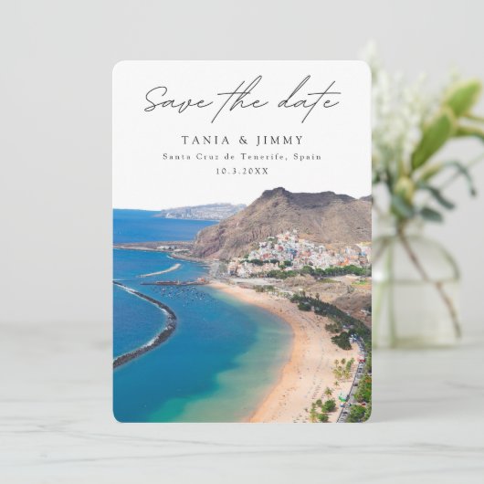 Santa Cruz de Tenerife Spanien Hochzeit retten Dat Einladung (Stehend Vorderseite)